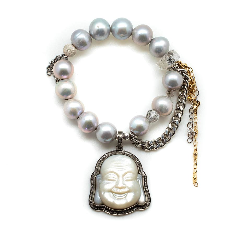 Silver Goddess Pearls with a Black Diamond Encrusted Seashell Buddha