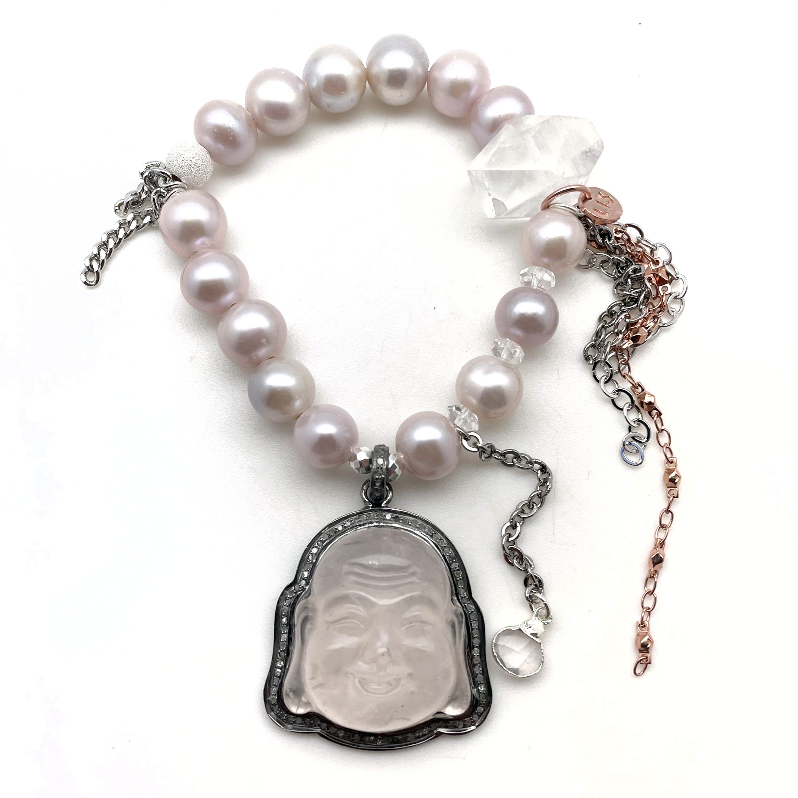 Lavender Pearls with a Diamond Encrusted Rose Quartz Buddha
