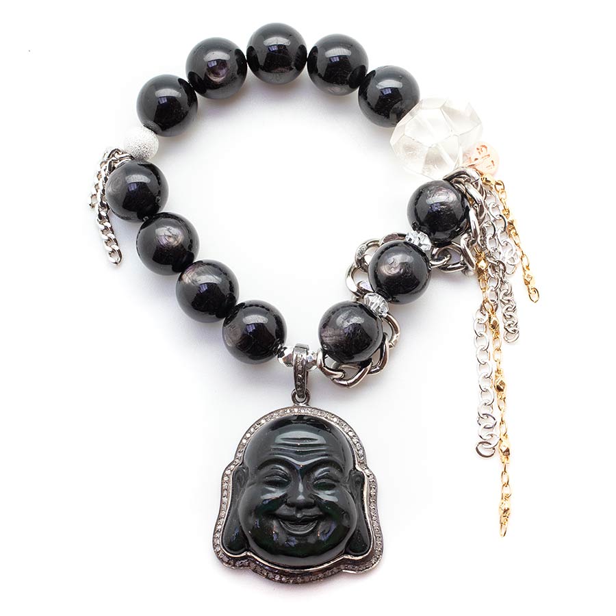 Hypersthene with a Diamond Encrusted Obsidian Buddha