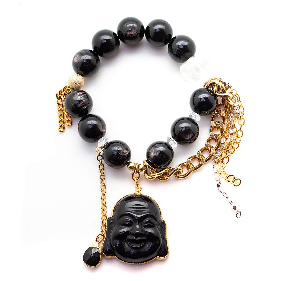 Hypersthene with a Black Obsidian Buddha and Waterfall