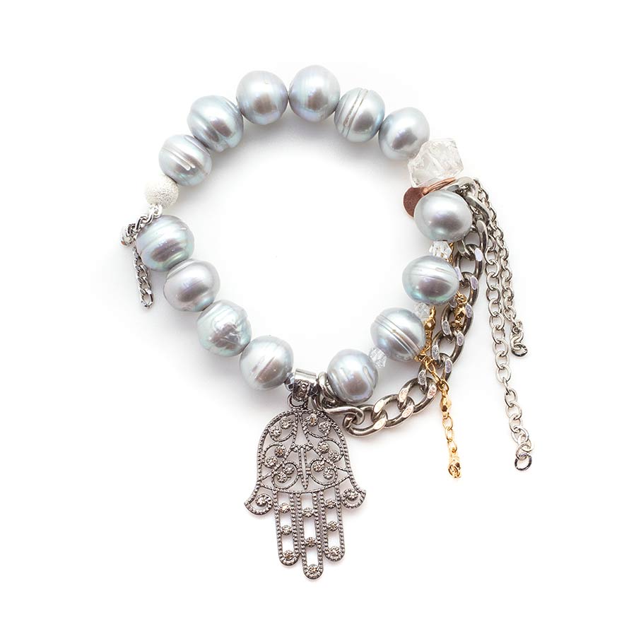 Silver Goddess Pearls with a Diamond Hamsa