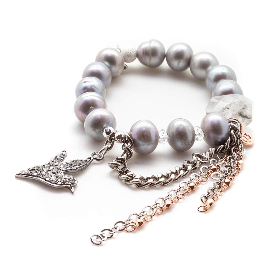 Silver Goddess Pearls with a Diamond Hummingbird