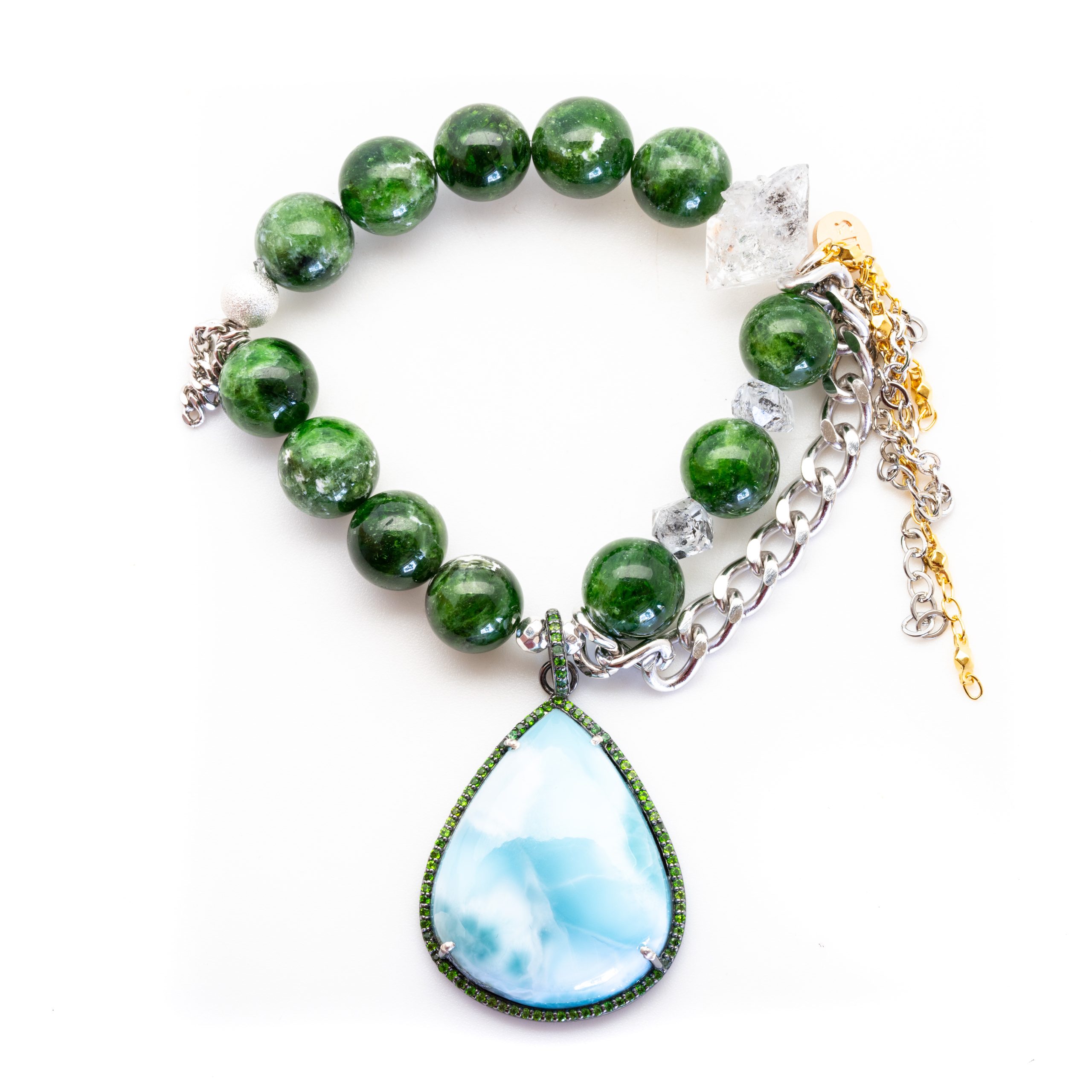 Diopside with a Green Sapphire Encrusted Larimar Pendant
