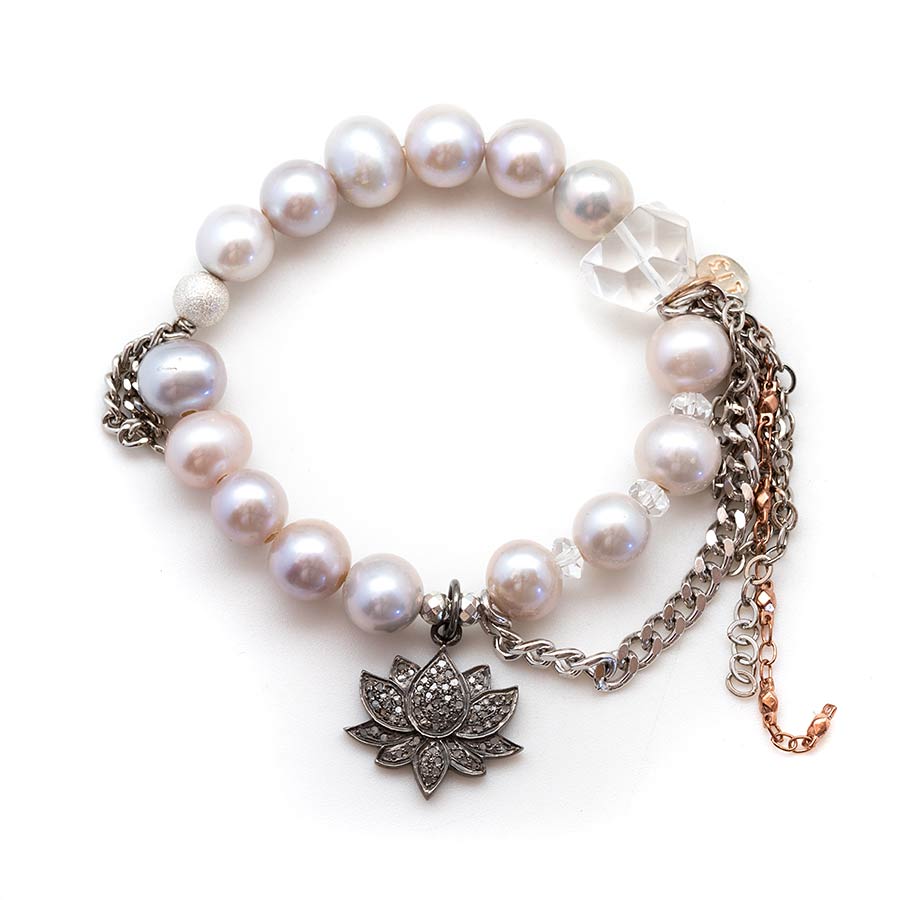 Lavender Pearls with a Diamond Lotus Flower Pendant