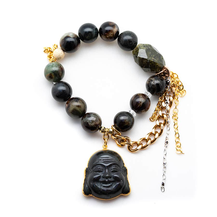 Green Opals with an Obsidian Buddha
