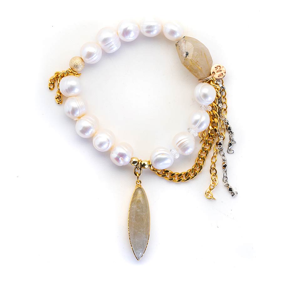 Goddess Pearls with a Golden Rutilated Quartz Crystal Pendant