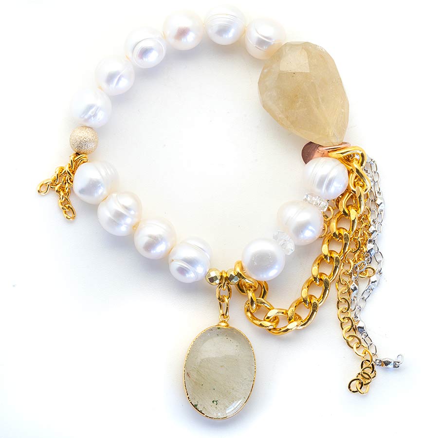 Goddess Pearls with a Golden Rutilated Quartz Crystal Pendant