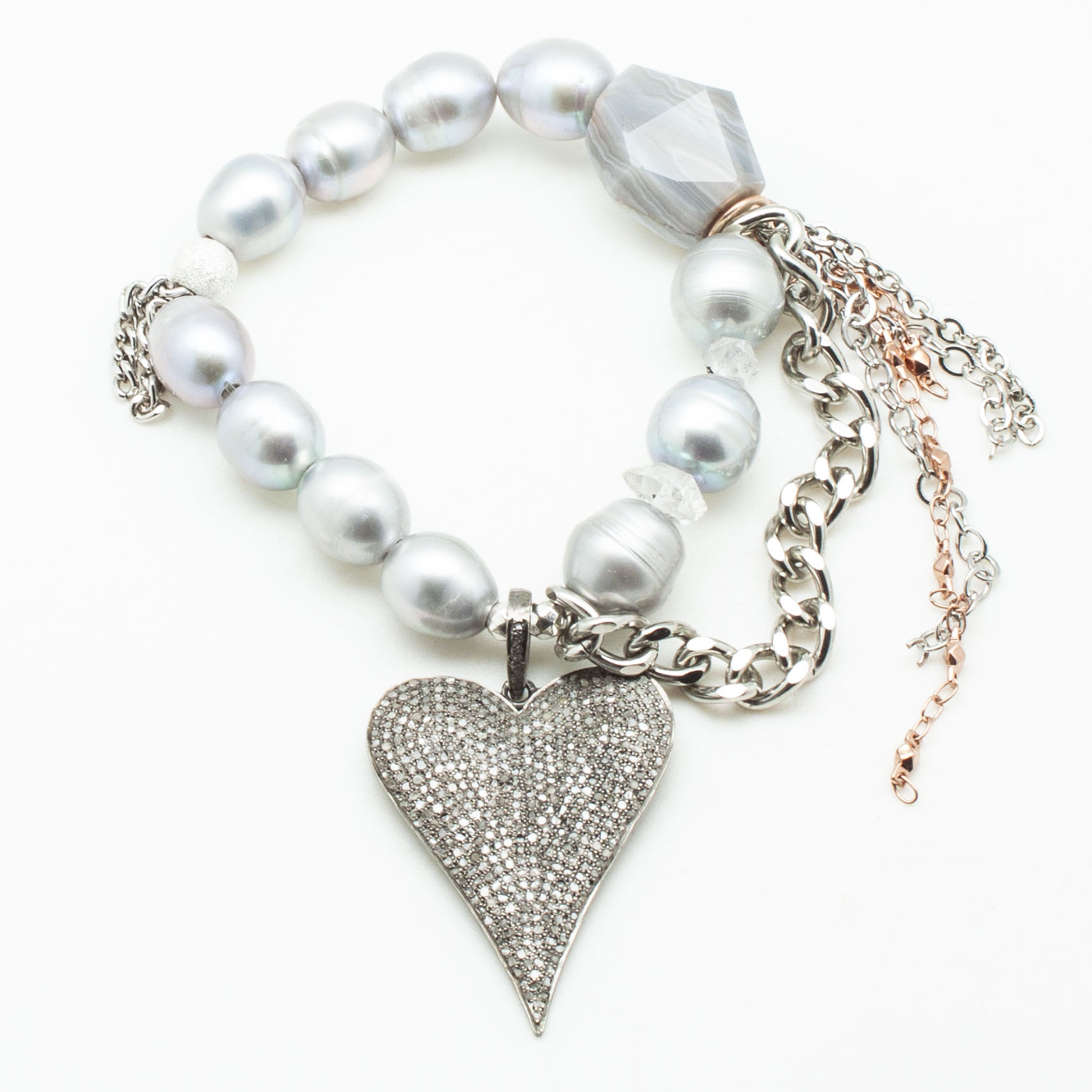 Silver Pearls with a Diamond Heart