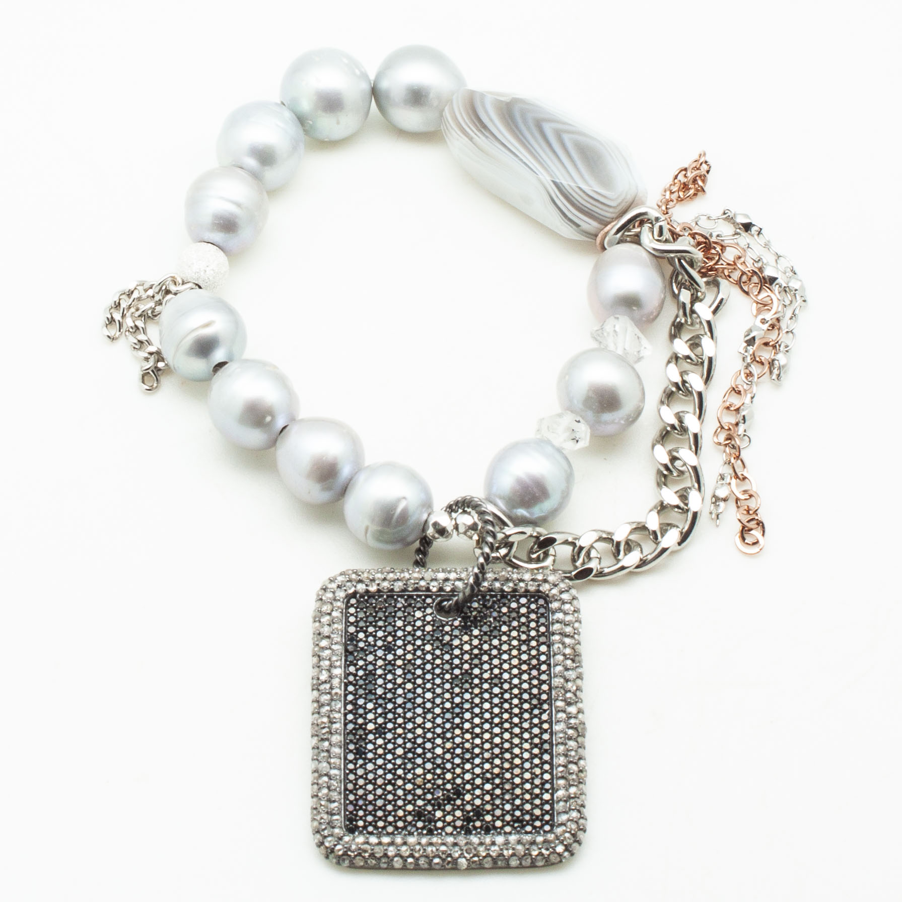 Silver Pearls with a Diamond Dog Tag