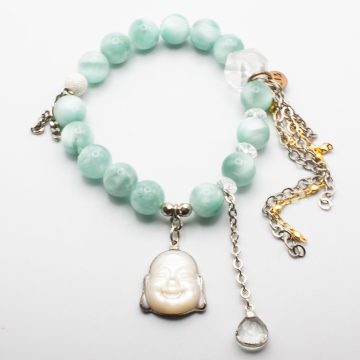 Green Moonstone with an Abalone Prosperity Buddha