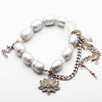 Silver Pearls with a Diamond Lotus Flower