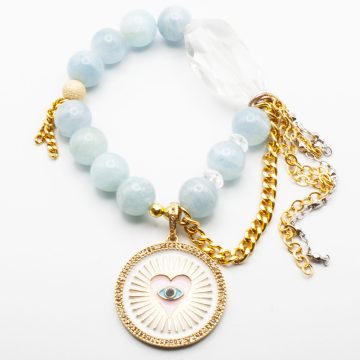 Aquamarine with a Diamond Heart Evil Eye