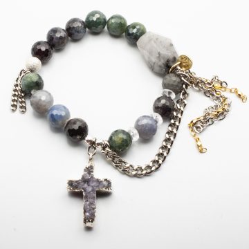 Silver Sapphires with an Amethyst Druzy Cross