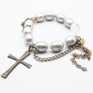 Silver Goddess Pearls with a Black Diamond Cross Pendant
