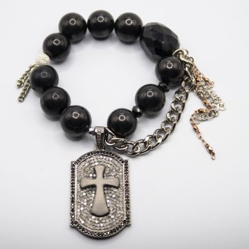 Black Tourmaline with a Diamond Cross Dog Tag