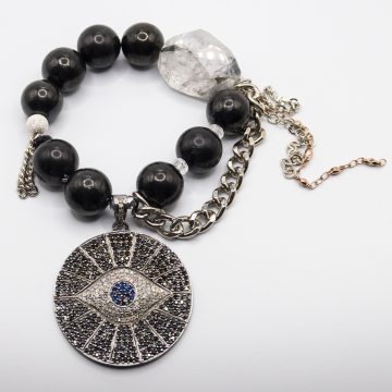 Black Tourmaline with a Diamond Evil Eye Pendant