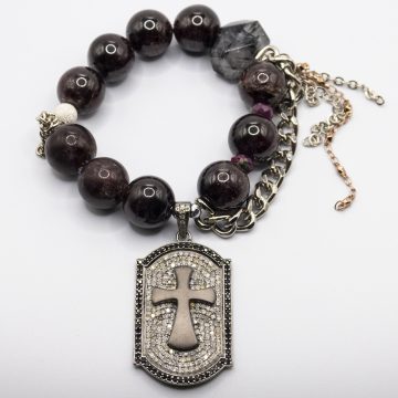 Garnets with a Large Diamond Cross Dog Tag