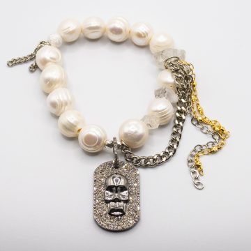 Pearls with a Diamond Skull Dog Tag